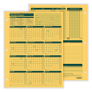 ComplyRight™ 2020-2021 Fiscal Attendance Calendar, Attendance Calendars, 8 1/2" x 11", Pack Of 50