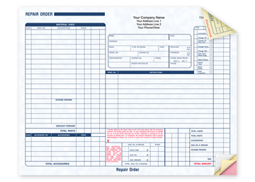 Custom Auto Repair Order Forms, Carbon Business Forms, 8-1/2” x 7”, 3-Part with Easy Tear-Out Pages