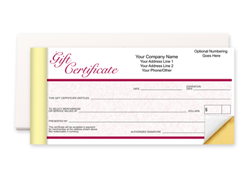 Custom Gift Certificate Booklet, Carbonless Business Forms, 7" x 3-5/8", 2-Part with Easy Tear-Out Pages