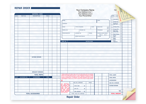 Custom Auto Repair Order Forms, Carbon Business Forms, 8-1/2” x 7”, 3-Part with Easy Tear-Out Pages