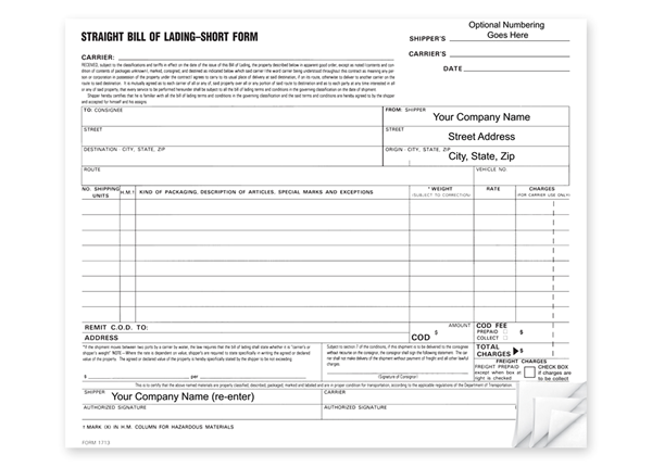 Custom Bill Of Lading, Business Forms, 3-Part with Easy Tear-Out Pages, 8 1/2" x 7"