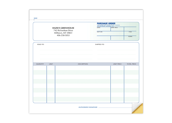 Custom Purchase Order Forms, Carbonless Business Forms, Ruled, 8-1/2” x 7”, 2-Part with Easy Tear-Out Pages