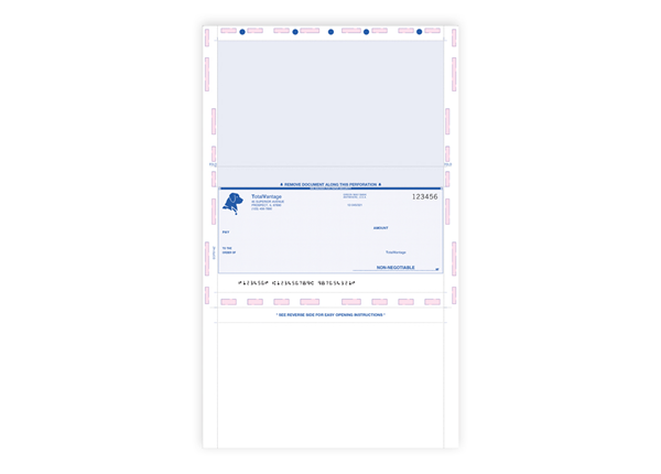 Custom Plus Imprint Pressure Seal Check with Blue Imprint, 8-1/2" x 14", Available in Z & EZ Fold, 1 Pantograph, Software Com